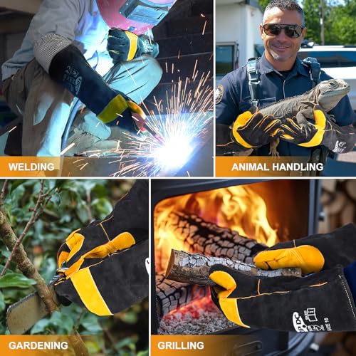 TOPDC Welding Gloves 16-Inch 932°F Heat Resistant Leather for MIG, Stick - color: 16 Inch Black-yellow