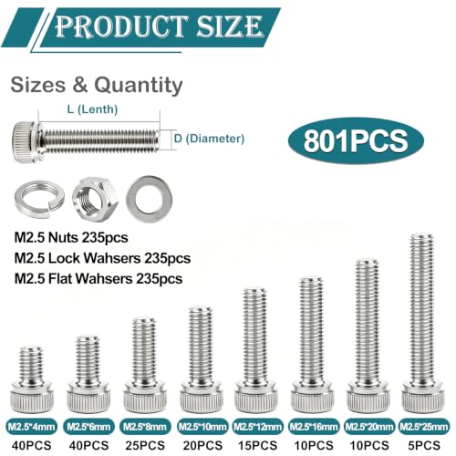 mxuteuk 801PCS M2.5 Screws Assortment Set,M2.5 x 4/6/8/10/12/16/20/25mm M2.5bolts，304 Stainless Steel Hex Socket Head Bolts Nuts Washers Set Suitable for 3D Printer,DIY - size: SS 801PCS M2.5