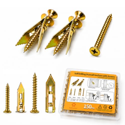 Jyphorixal 150Pcs Self Drilling Drywall Anchors with Screws Kit,Zinc Plated Steel,2 Sizes Expansion Screws and 2 Sizes Wall Anchors, Easy Application No Drill or Holes in Wall. - size: 150Pcs 2Size kit