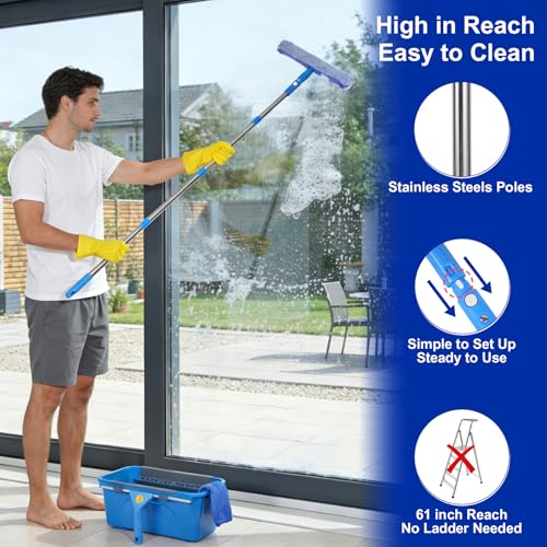 Professional Window Cleaning Kit, Window Washing Kit with 3 Gallon Bucket, 14-Inch Squeegee & 15-Inch Scrubber, 61-Inch Extendable Pole, Window Cleaning Equipment for Home & Commercial (61 inch) - size: 61 inch-1