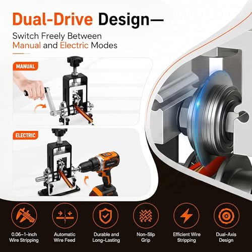 Manual Wire Stripper Machine, 0.06-1" Cable Stripper Tool with 2 Replacement Blades, Drill Powered & Hand Crank Dual-Drive Wire Stripping for Scrap Copper Recycling