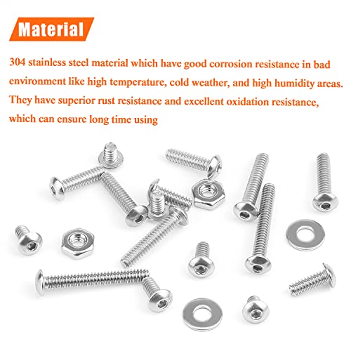 HELIFOUNER 250 Pieces #6-32 x 3/16" 1/4" 5/16" 3/8" 1/2" 5/8" 3/4" 1", Button Head Socket Cap Screws Bolts Washers Nuts Kit, Coarse Thread, Fully Machine Threaded, 304 Stainless Steel - size: #6-32, style: Button Head
