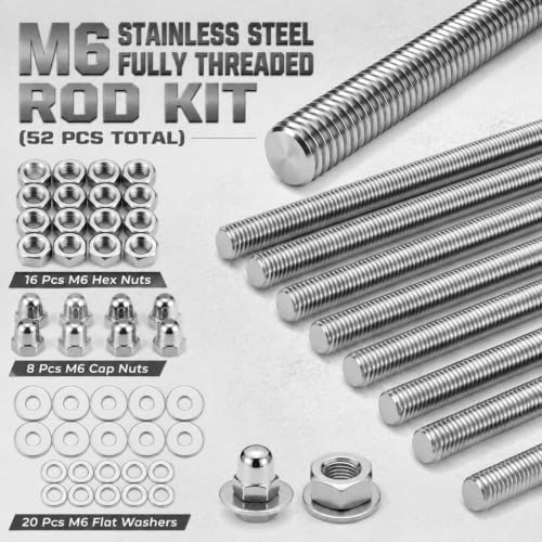 52 Pcs Stainless Steel M6 Screw Assortment Kit 8 Pcs 10"(255mm) Long M6 Fully Threaded Rod 16 Hex Lock Nuts 8 Acorn Cap Nuts and 20 Flat Washers