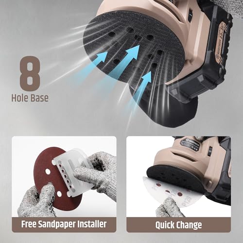 5" Cordless Random Orbital Sander(with Battery & Charger), Brushless 6-Speed 6000–12000 RPM, Palm Orbital Sander for Sanding, Includes Dust Bag & 12PCS Sandpapers