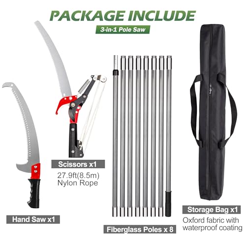Walensee Pole Saws for Tree Trimming, Extendable Tree Pruner,Manual Branch Timmer with Blade and Scissors High Branches Pruning Fiberglass Pole Pruner and Cutter Garden Tool with Storage Bag 7.2-27FT - size: 27 FT