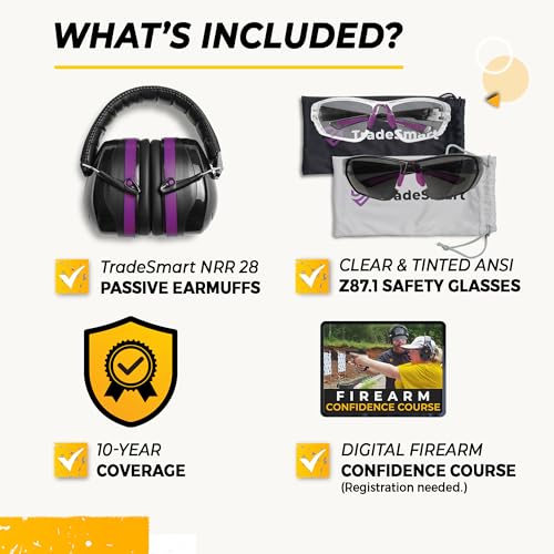 TradeSmart Shooting Ear Protection for Gun Range, NRR 28 Earmuffs & Eyewear - color: Clear+tint - Purple