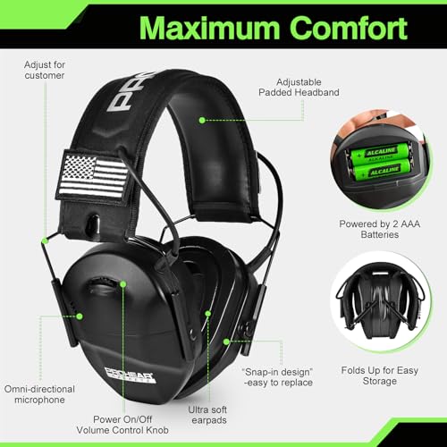 PROHEAR Youth Electronic Ear Protection 23dB NRR Slim Fit Sound Amplification Noise Compression Compact Design Gun Range Shooting Hunting Tactical Use - style: Black-foam Cushions