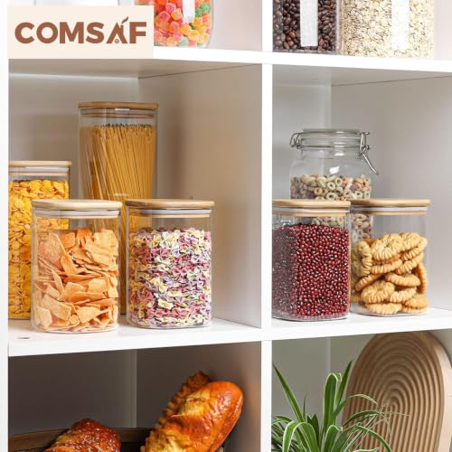 ComSaf Square Glass Containers with Lids 1.2 Qt, Set of 4 Pantry Glass Jars | Kitchen Glass Pantry Storage Containers, Storage Canisters, Silicone Seal, Dry Food, Cookie, Flour, Spice, Coffee, BPA Free - size: 1.2Qt*4