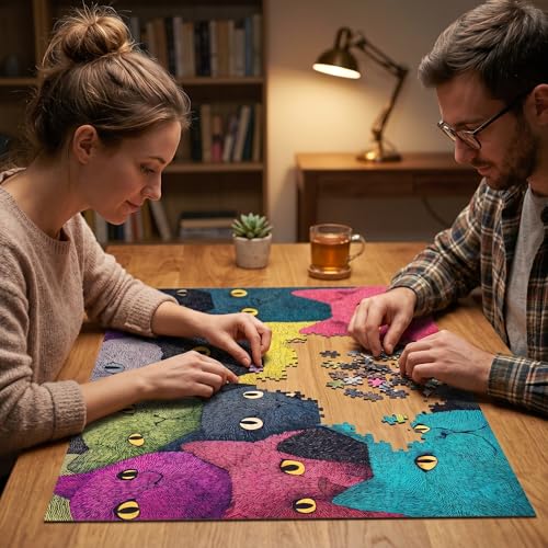 1000 Piece Puzzle for Adults, Colorful Whimsical Cat Faces Illustration - color: Rainbow Cats Squad