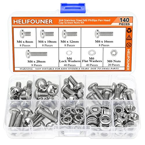 HELIFOUNER 140 Pieces M6 x 8mm /10mm /12mm /16mm /20mm, Phillips Pan Head Machine Screws, Metric Screws Bolts Washers Nuts Kit, 304 Stainless Steel - size: M6