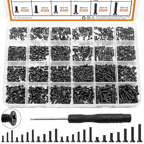 mankk 840PCS Laptop Screws 24 Sizes M1.4/1.7/2/2.5/3 Replacement Computer Tiny Screws Motherboard Screw with Screwdriver for Laptop PC Repair & DIY M-165-840PCS - color: Black-840PCS