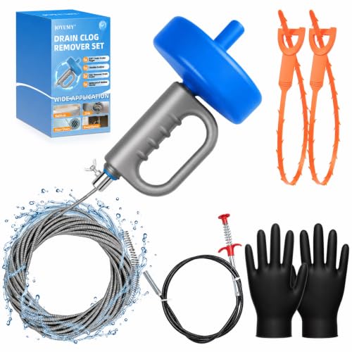 Drain Snake 5Set-33Ft Drain Clog Remover,62inch Heavy Duty Plumbing Snake,20inch Hair Clog Remover,Gloves for Bathtub,Toilet,Sewer,Kitchen Sink,Drainage Pipe(Blue) - style: 5SET Manual Heavy Duty