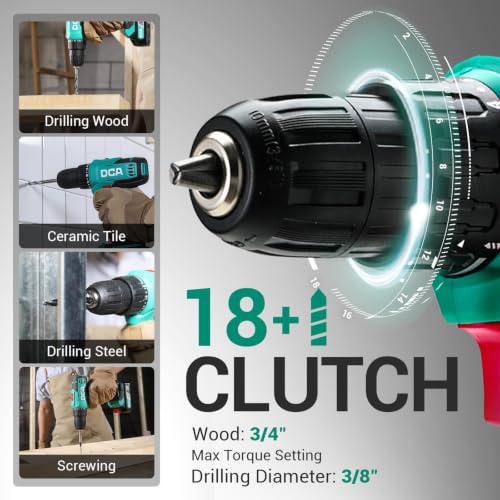DCA Cordless Drill Set, 354 in-lbs Torque, 3/8" Keyless Chuck, Electric Power Drill with 2.0Ah Battery and Charger,18+1 Position,25-Piece 20V Drill Driver Kit, ADJZ2035AM - size: 2*Batteries