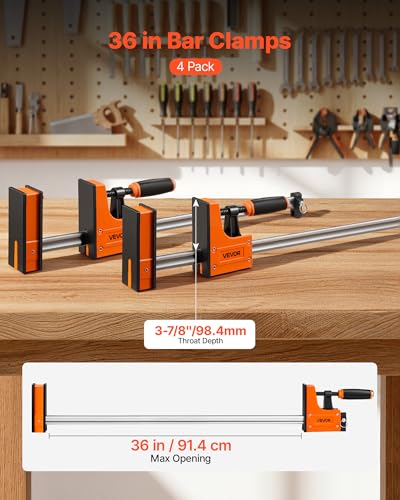 VEVOR Bar Clamps for Woodworking, 4-Pack, 36" Opening F Clamps, 1500 lbs Load Limit, Clamp/Spreader 2 Modes, Soft Rubber Pads, Ergonomic Handle, Carbon Steel Bar, for Wood Working and Metal Working - size: 36"(4 Pack), style: Heavy-Duty