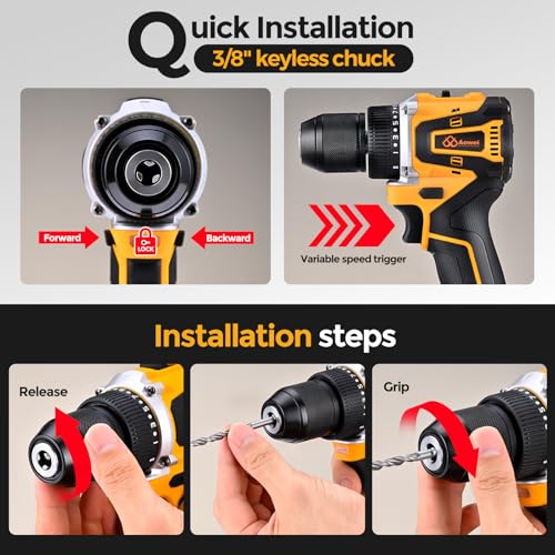 Brushless Motor Tool Kit Set: Yellow 21V Cordless Drill, Power Drill Tool Box,3/8" Keyless Chuck, 2 Variable Speeds, with Battery and Charger Included