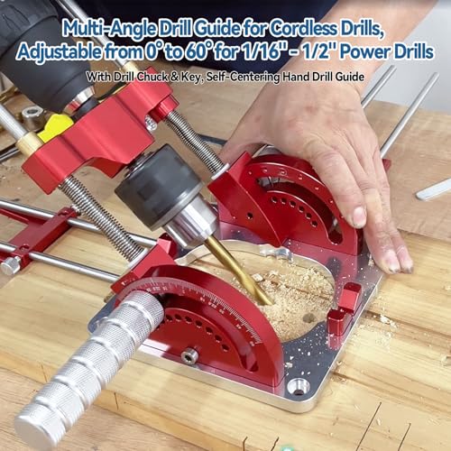 JOJOCY Multi-Angle Drill Guide, 0° to 60° Angle Adjustable Drill Guide Portable High Precision Electric & Hand Drill Guide for 1/16" - 1/2" Drills Self-Centering for Woodworking, Metalwork