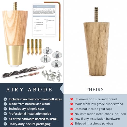 Airy Abode Premium Ash Wood Furniture Legs with Gold Caps (Full Install Kit) - Pick Your Size and Color - color: Ash / Gold, size: 8 Inches