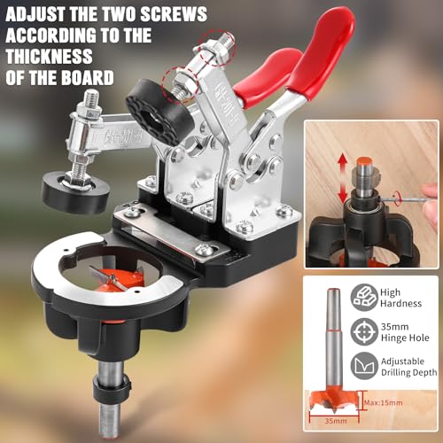 35mm Concealed Hinge Jig, Aluminum Alloy Cabinet Hinge Jig with 2 Quick Clamp, Adjustable Quick Punch Cabinet Hardware for Woodworking Cabinet Door Hinges Mounting Tool - color: Black