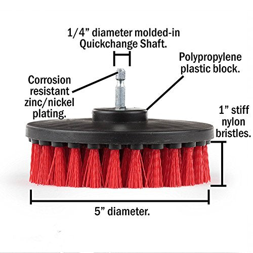 Drill Brush Heavy Duty 2PCS – Clean Tile & Grout 5X faster – Spin Away Rust, Soap Scum, Mineral Deposit, Hard Water Stain – 5″ Diameter Stiff Red Nylon Bristle with Metal Shaft Attachment
