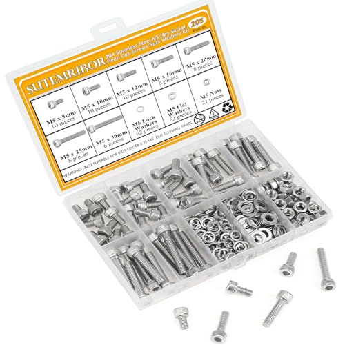 205 Pieces M5 Screws Nuts Washers Set, Sutemribor M5 x 8/10/12/16/20/25/30mm Hex Socket Head Cap Screws Nuts Washers Assortment Kit, 304 Stainless Steel, Fully Threaded - size: M5 Screws Kit, style: Socket Head