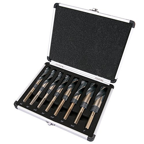 EFFICERE 8-Piece Premium 1/2” Reduced Shank Silver and Deming Large Drill Bit Set in Aluminum Carry Case, M2 High Speed Steel, 135-Degree Split Point | SAE Inch Size 9/16” - 1” by 1/16th Increment - size: 8-Piece Set in Aluminum Case