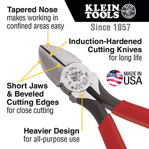 Klein Tools D252-6 Pliers, Diagonal Cutting Pliers with Short Jaws, Beveled Edges, and Hot-Riveted Joint, All-Purpose Use, 6-Inch - size: 6-Inch