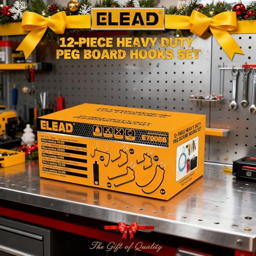 ELEAD 12-Piece Pegboard Hooks with Extension Straps, Heavy Duty Organizer Pegboard Accessories Fit for 1/4" Pegboard, Peg Board Tool Utility Hangers for Power Tool, Drill, Bag, Cord - style: 12-Piece