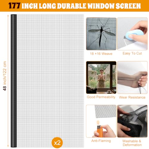 18 Pcs 48"x177" Window Screen Repair Kit Included 2 Rolls Fiberglass Mesh 4"x30ft Screen Repair Tape 8 Clips with Spline, Double Wheel Roller, Hook, Measuring Tape, and Cutter for Door Window - size: 48"x177"