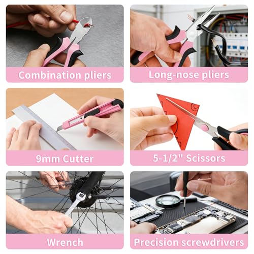 ENERTWIST 189 PCS Pink Tool Kit, Household Hand Repair Tool Set Ideal Gif