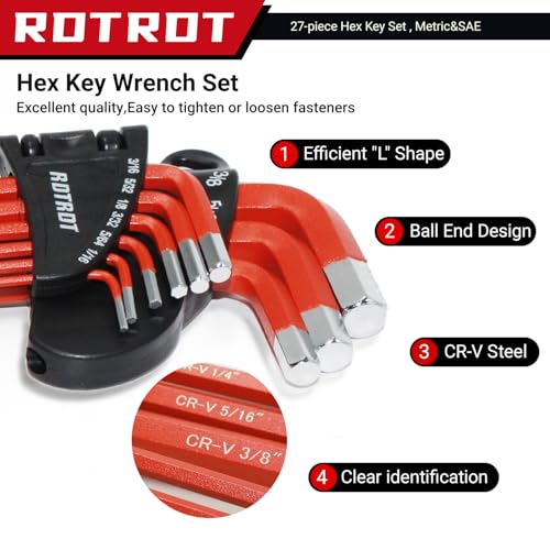28-Piece Hex Key Allen Wrench Set, SAE & Metric Star Long Arm Ball End Hex Key Set with Bonus Torque Handle, Industrial Grade Allen Wrench Set