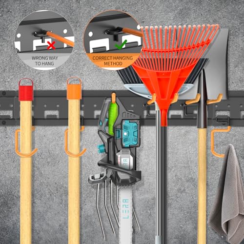 Garden Tool Organizer Wall Mount - Garage Storage and Organization Yard Tool Hanger with Adjustable Pegboard Hooks Shed Rack for Broom Mop Shovel Rake Trimmers, 32 inch Max 350lbs, Black - size: 32 Inch