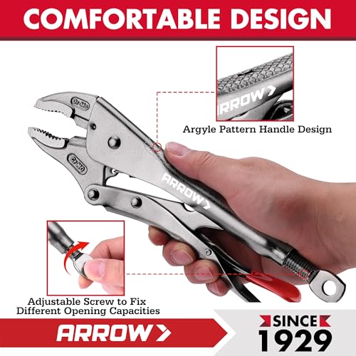 ARROW 10" Curved Jaw Locking Pliers with Screw Extractor | CR-MO Steel Pliers, Adjustable Screw, One-Hand Release, Anti-Slip Handle - size: 10 inch