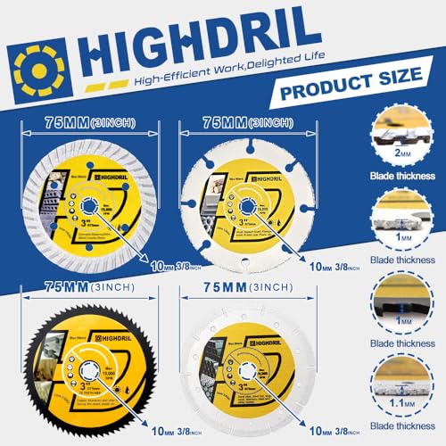 HIGHDRIL 3" 75mm Circular Saw Blade Set 4pcs - Diamond/HSS/Carbide Cutting Disc for Angle Grinder Cutting Concrete Metal Wood Plastic - size: MIX 3