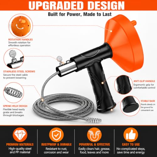 33 FT Drain Snake Auger, Plumbing Snake Drain Hair Clog Removal Tool, Sink Unclogger Drain, Heavy Duty Drum Auger, Cleaner Tool for Bathroom Kitchen Tub Shower Drain Clog Remover with Gloves