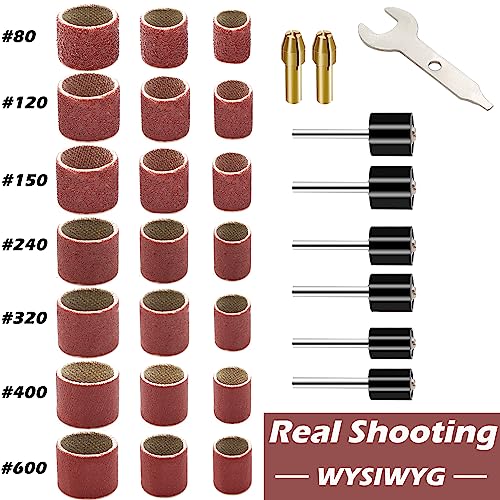 552 Pcs Sanding Drum Set, 504 Pcs 80 120 150 240 320 400 600 Grit Drum Sander Sleeves and 24 Pcs Drum Mandrels,2 Pcs Self-Tightening Drill Chuck and Combination Wrench for Rotary Tool - size: 513PCS