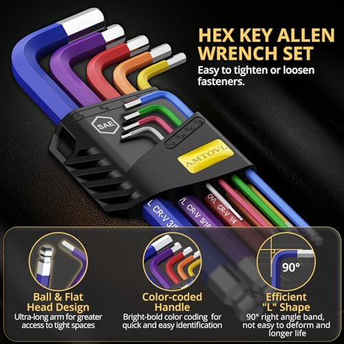 AMTOVL Hex Key Set, 9PCS Imperial Allen Key Set, 1/16-3/8Inch,Long Ball End - size: 9 PCS SAE SET