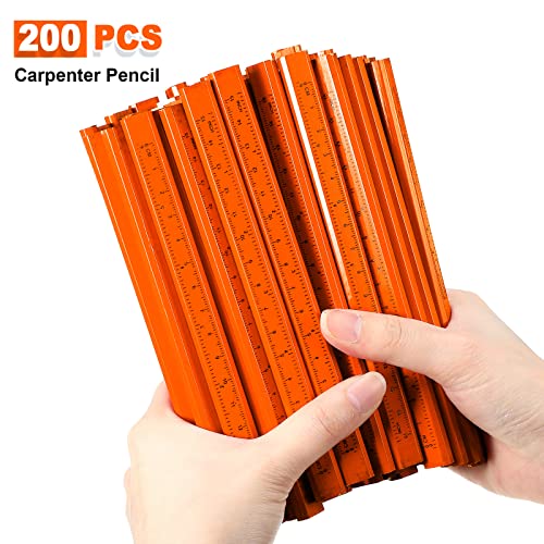 Honoson 200 Pcs Flat Construction Pencils with Printed Ruler Wood Graphite 2 Pcs Carpenter Pencil Sharpener for Woodworking Marking Tool(Orange) - color: Orange