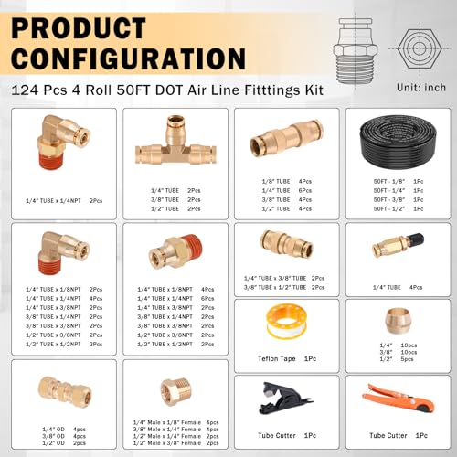 CheeMuii 124PCS Brass DOT Air Line Fittings with 4 Roll 50FT DOT Air Lines - size: 50FT-4ROLL-124PCS