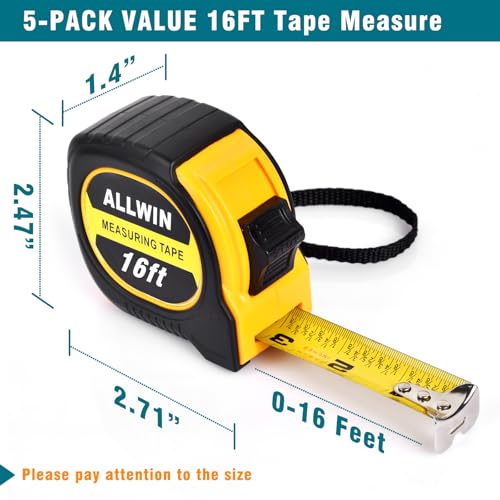 Tape Measure 16 ft, Easy Read Measuring Tape with Fractions 1/8, Retractable 16-Foot by 3/4-Inch Blade with Durable Coating & Impact-Resistant Case for Contractors & DIY - 5 PCS - size: 16 Ft