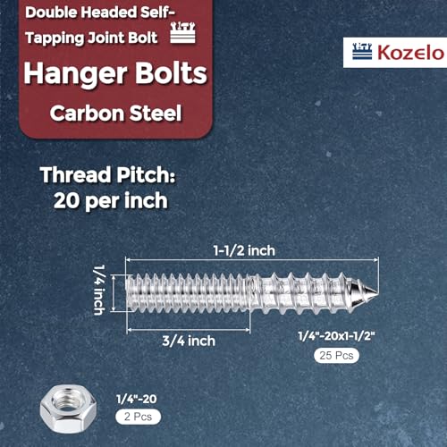25pcs Hanger Bolts W/Hex Nuts 1/4"-20x1-1/2 Zinc Coated - size: 1/4"-20x1-1/2"