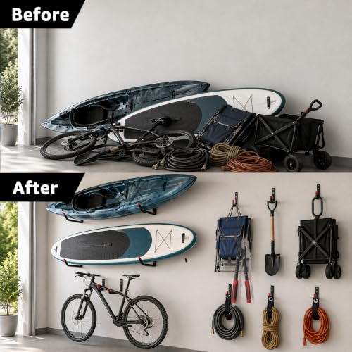 18-Piece Heavy Duty Garage Storage Hooks - 6x15” Jumbo Garage Hooks with EVA Padding (120 LB Capacity) + 6x3.5” Utility Hooks & 6 Storage Straps, Wall Rack for Kayak, Bike, Surfboard, Ski, Ladder