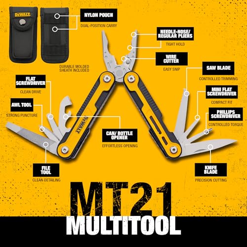 DEWALT 11-in-1 Multitool with Sheath – Folding Pocket Tool with Knife, Pliers, Screwdrivers, Saw, can and bottle opener– Compact EDC Tool for Construction, Trades & Jobsite Use