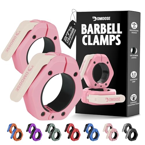 DMoose Fitness Barbell Clips 2 Inch (Pair) - Quick Release Olympic Barbell Clamps & Collars with Anti Slip TPR Grip for Secure Weightlifting and Powerlifting - Weight Clips for Bars at Home or Gym - color: Pink, style: Magnetic