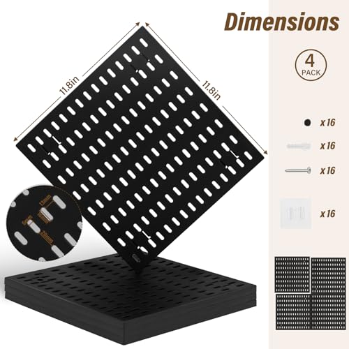 AKTOP Modular Plastic Peg Board Wall Organizer, 4 Pack, 12"x12", Black - color: 12inch-black