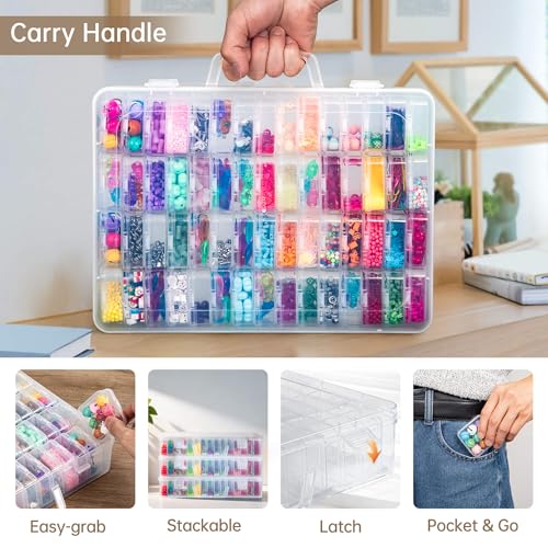 Bead Organizer Box, 60 Pack Small Clear Storage Boxes with Labels, Large Travel Craft Case with Handle, Mini Plastic Containers for Jewelry Making Diamonds DIY Pony Bracelet Screws Seeds Small Parts - size: 1 Pack 60 Pcs