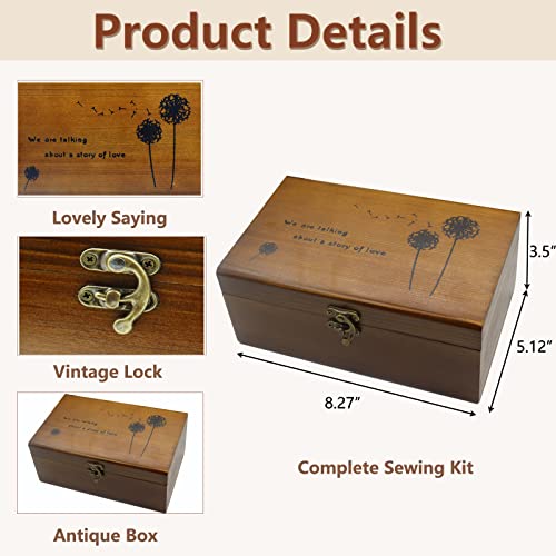 Flytreal Sewing Kit Box Basket, Wooden Hand Home Sewing Repair Tool Kit, Beginner Universal Sew Kit Accessories for Women, Men, Adults, Girls, Kids (Retro Dandelion) - color: Retro Dandelion