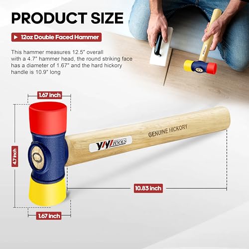 YIYITOOLS 12oz Double Faced Hammer, Double-Sided PU Mallet, High Carbon Steel Head, Hard Hickory Wood Handle, Flooring Installation,Rubber Mallet for Camping Woodworking,Tile Laying,Furniture Assembly