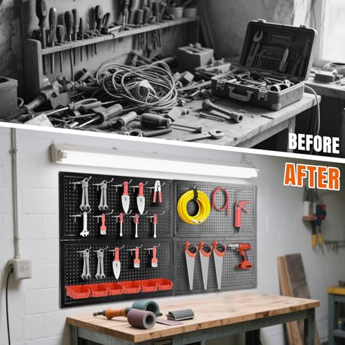 Jack Boss 48x24 Inch Metal Pegboard Wall Organizer, Black Pegboard Panels Tool Organizer Kit with Accessories Hooks and Bins, Peg Board Utility Tool Storage for Garage Workbench Shed