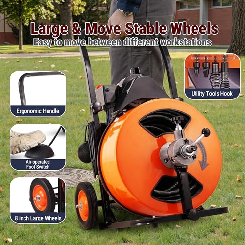 HoldwellS 100FT 3/8 Inch Drain Cleaner Machine, Upgraded Electric Feed Sewer Snake, Wheeled Telescopic Portable Drain Cleaner with 4 Cutters & Air-Activated Foot Switch for 2" to 4" Pipes - color: 100FT x 3/8inch (Auto Feed)