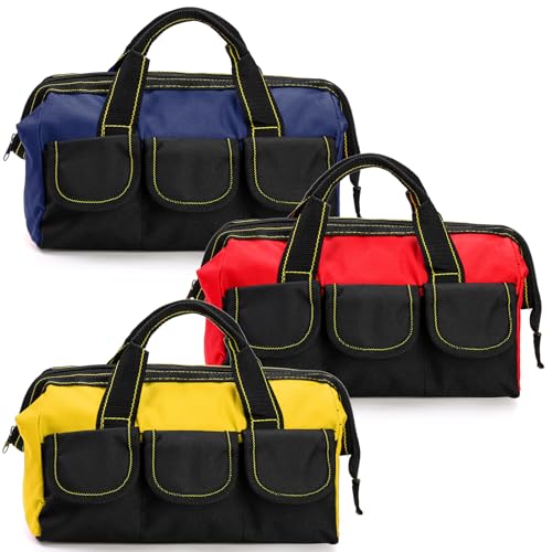 3 Pack Tool Bag, Wide Mouth Tool Tote Bag with Waterproof Base, Heavy Duty Tool Storage Bag Organizer for Various Tools, 5 Pockets, Blue, Yellow, Red, 12 Inch